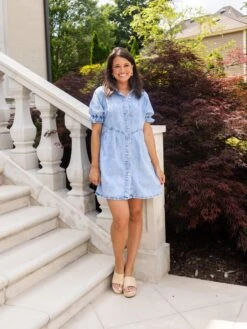 Mineral Wash Ruffled Short Sleeve Button Down Denim Dress | S - XL