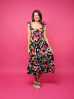 Floral Print Square Neck Sleeveless Midi Dress | S - L Essentials