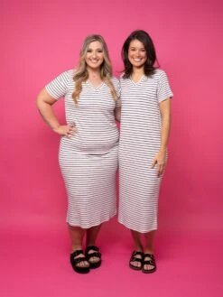 V-Neck Short Sleeve Striped Ribbed Midi Dress | S - L