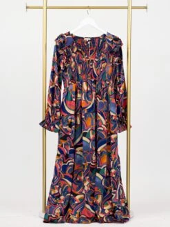 V Neck Multicolor Print Tiered Long Sleeve Maxi Dress W/ Side Slit | S - L