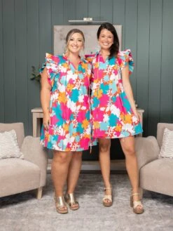 Multicolor Floral Tie Split Neck Flutter Sleeve Dress | S - XL