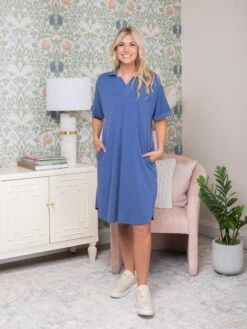 Washed V-Neck W/Collar Knit Jersey Midi Short Sleeve Dress | S-3XL