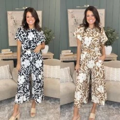 Floral Print Wide Banded Waist Cropped Pants W/Pocket | S-3X Set W/53108