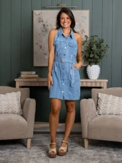 Denim Halter Neck Dress W/ Belt | S-L