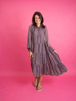 Long Sleeve V Neck Printed Gauze Maxi Dress | S - L