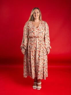 Floral V-Neck Long Sleeve Midi Dress W/ Elastic Waist | S - 3XL
