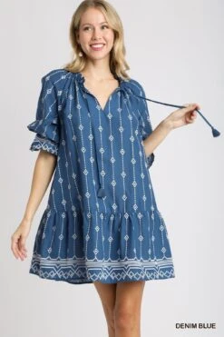 Embroidered Dress With Ruffle Neckline | S - 2XL