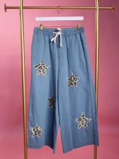 Animal Print Star Patch Cropped Wide Leg Denim Pants | S - 3XL