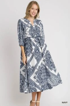 Two Tone Paisley Print Split Neck Midi Dress | S - L