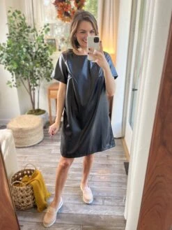 Faux Leather Short Sleeve Dress | S-3X