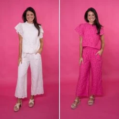 Relaxed Wide Leg Eyelet Lace Pants | S-L Set W/ Sku49806