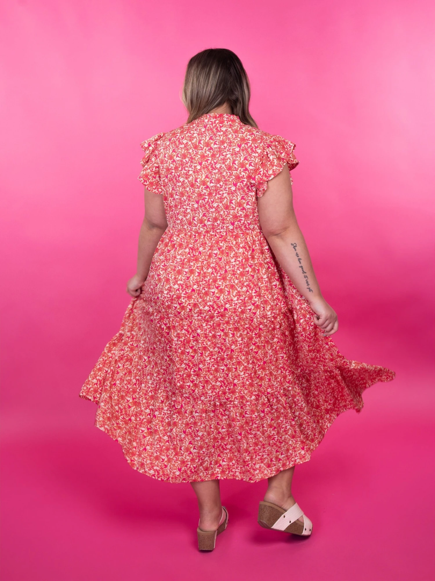 Flutter Sleeve Button Up V-Neck Floral Print Dress | S - 2X - Image 2