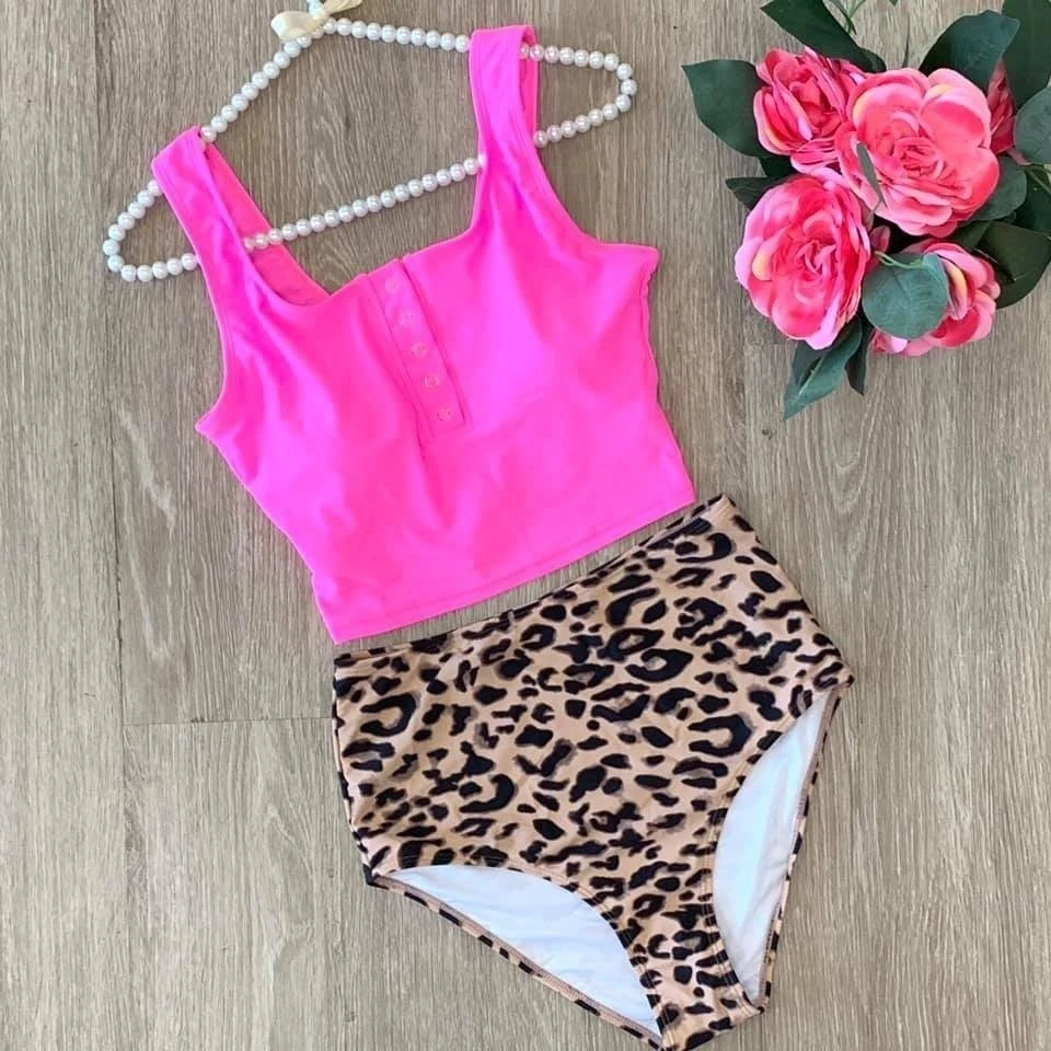 Pink Top With Leopard Print Tankini Swimsuit | S-2XL *Final Sale* - Image 4