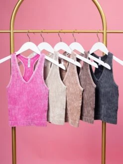 Zenana Washed Ribbed Bra Padded V-Neck Tank Top | S/M - L/XL
