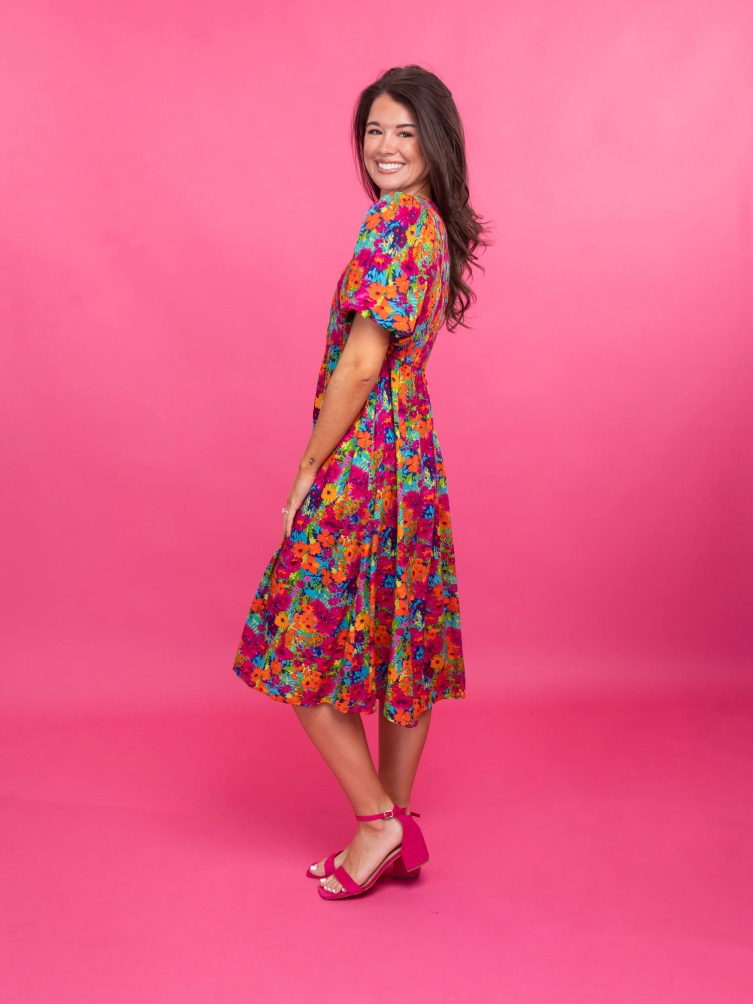 Floral Short Puff Sleeve Smocked Midi Dress | S-L - Image 2
