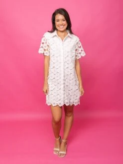 Button Down Short Sleeve Lined Floral Lace Dress | S - L