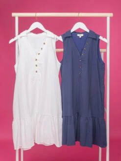 Solid Button Down Collar Sleeveless Midi Dress | S-XL