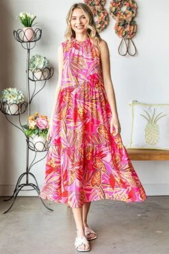 Leaf Print Tie Back Sleeveless Tiered Midi Dress | S - 3X First Love