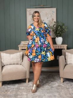 Collared Split Neck Floral Flared Dress | S-3X