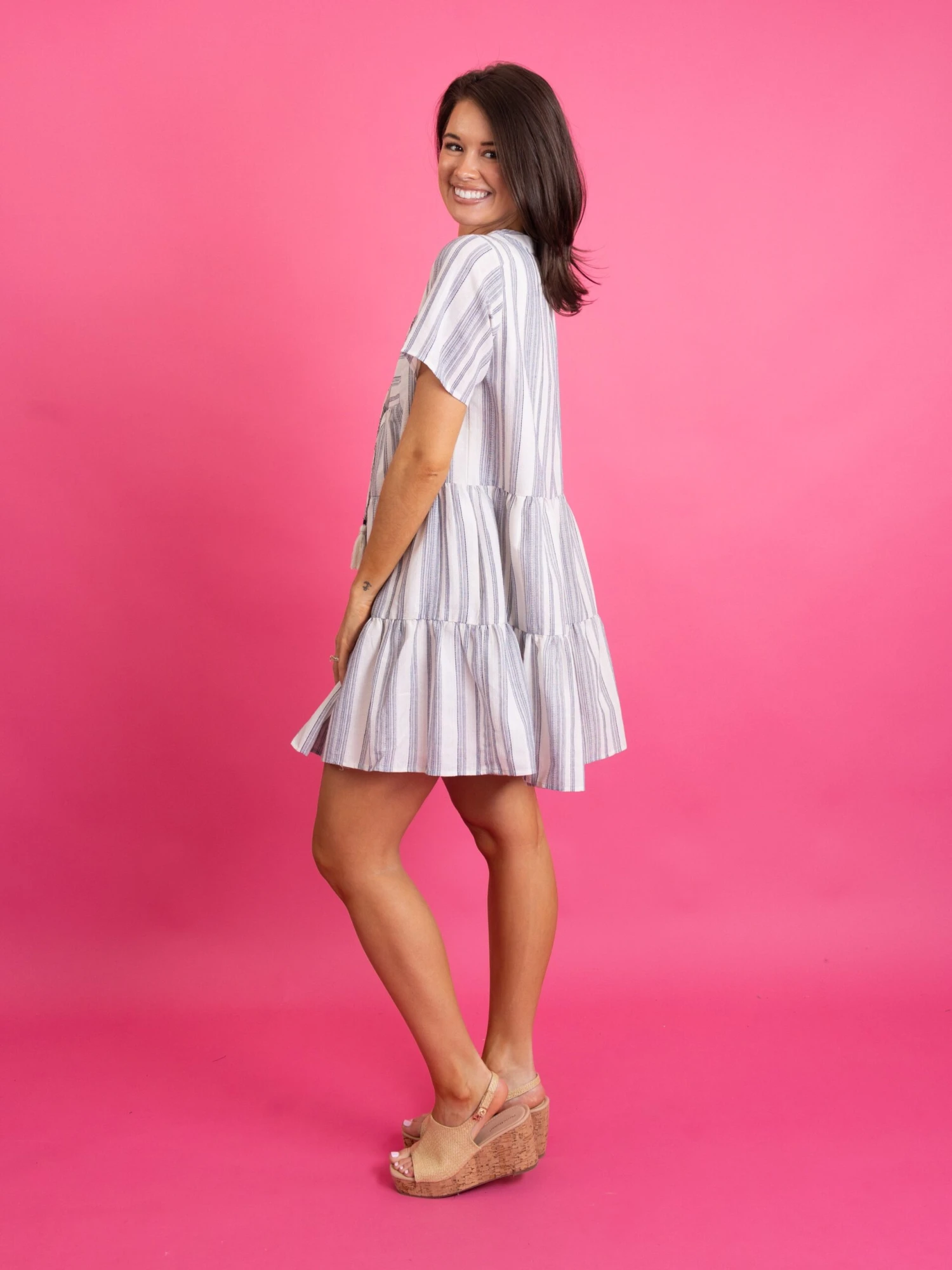 Split Neck Short Sleeve Tiered Striped Dress | S-3X - Image 3