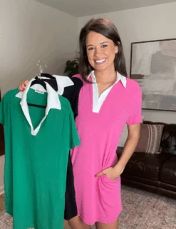 Contrast Collar Crepe Hacci Dress W/ Pockets | S-L