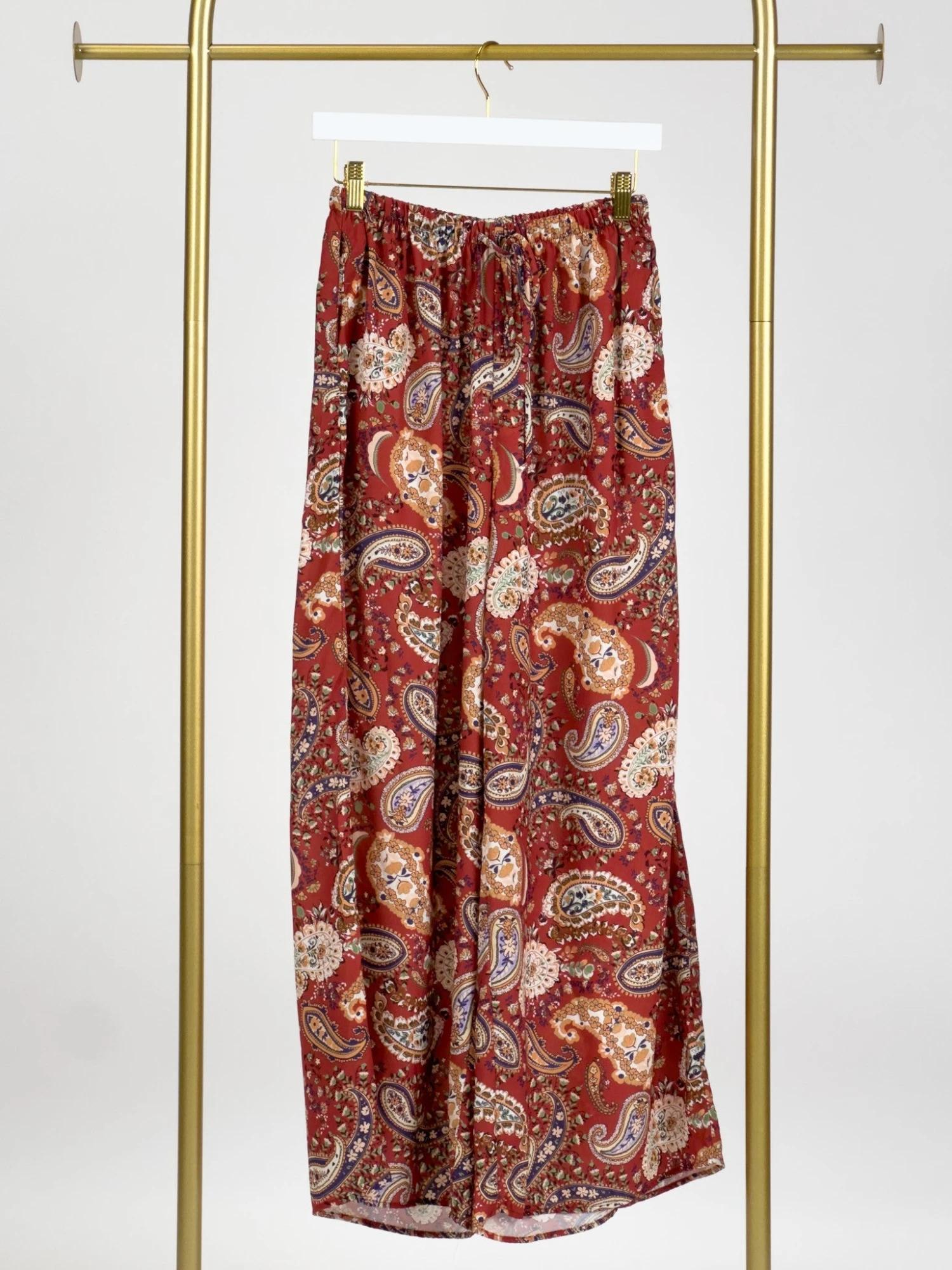 Paisley Print Straight Woven Palazzo Pants W/ Drawstring Waist | S - 3X