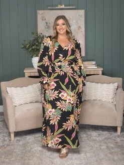 Floral V-Neck Long Sleeve W/ Ruffle Hem Maxi Dress | S-3X