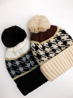 Houndstooth Pom Pom Beanie