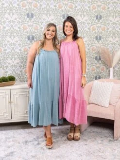 Mineral Washed Round Neck Gauze Midi Dress | S - 3XL