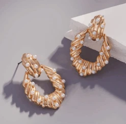 Pearl Pave On Grooved Metal Earrings