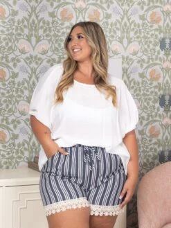 Woven Stripe Shorts With Lace Trim | S - 3XL