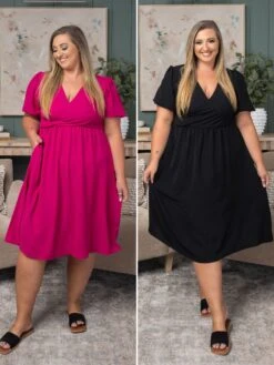 Solid Dress V-Neck W/Ruffled Sleeves | S-L