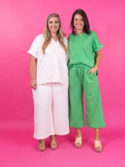 Textured Drawstring Waist Cropped Pants | S - 3X Set W/ Sku51308