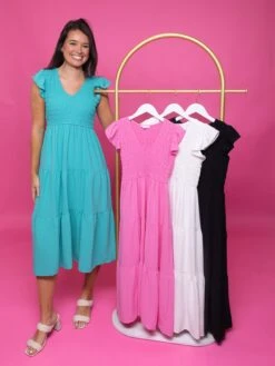 Flutter Sleeve V Neck Smocked Midi Dress | S-3X