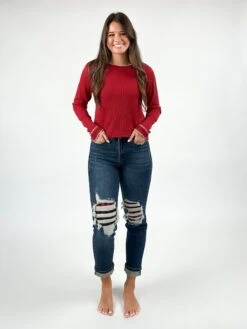 Judy Blue Mid-Rise Destroyed Plaid Knee Cuffed Boyfriend Jeans | 0-24