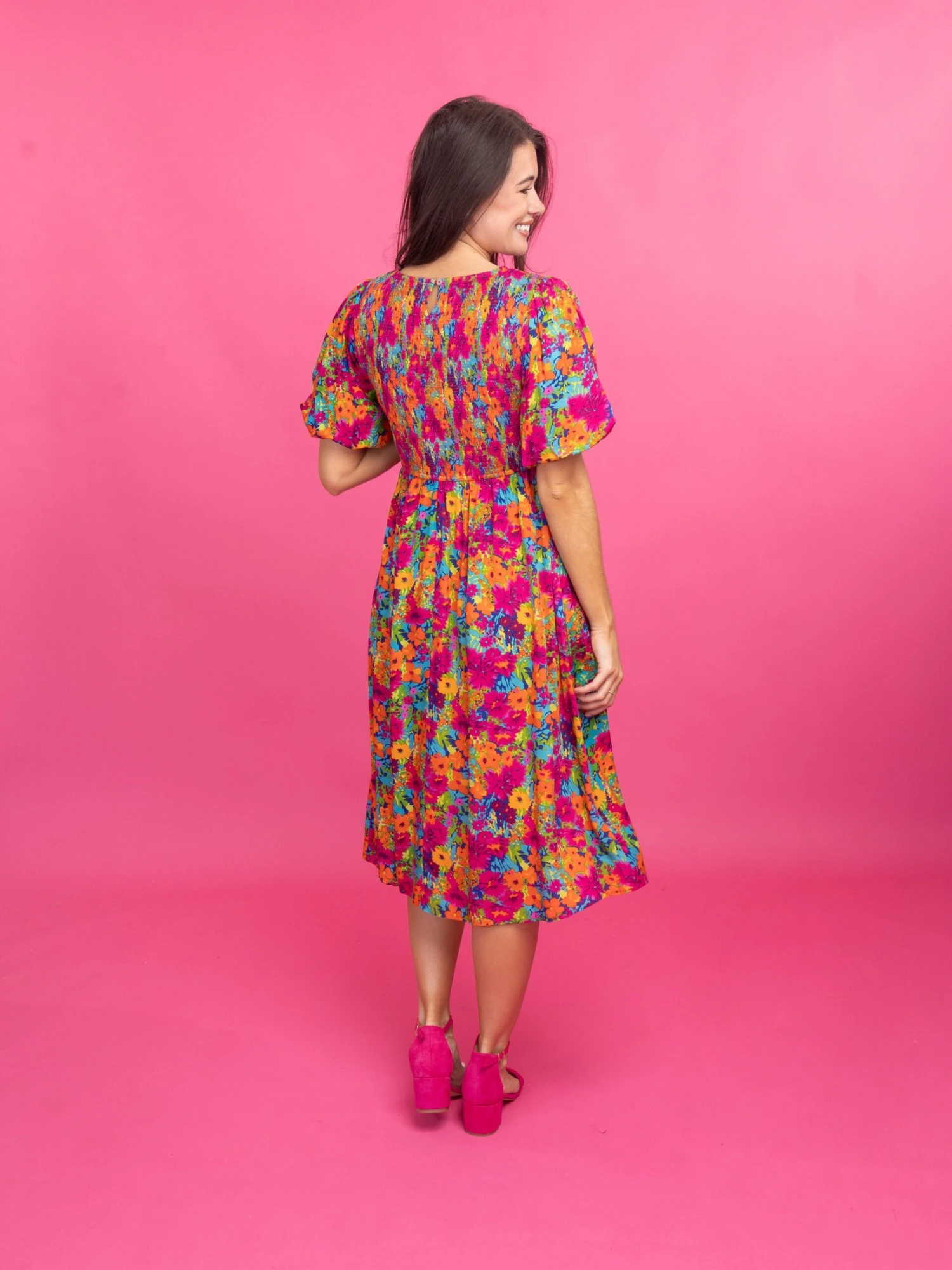 Floral Short Puff Sleeve Smocked Midi Dress | S-L - Image 3