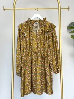 Geometric Floral Print Long Sleeve Dress W/ Split V-Neck & Tie | S-3X