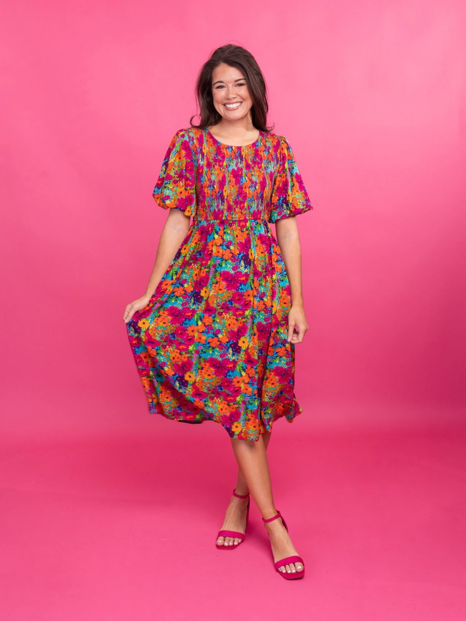 Floral Short Puff Sleeve Smocked Midi Dress | S-L