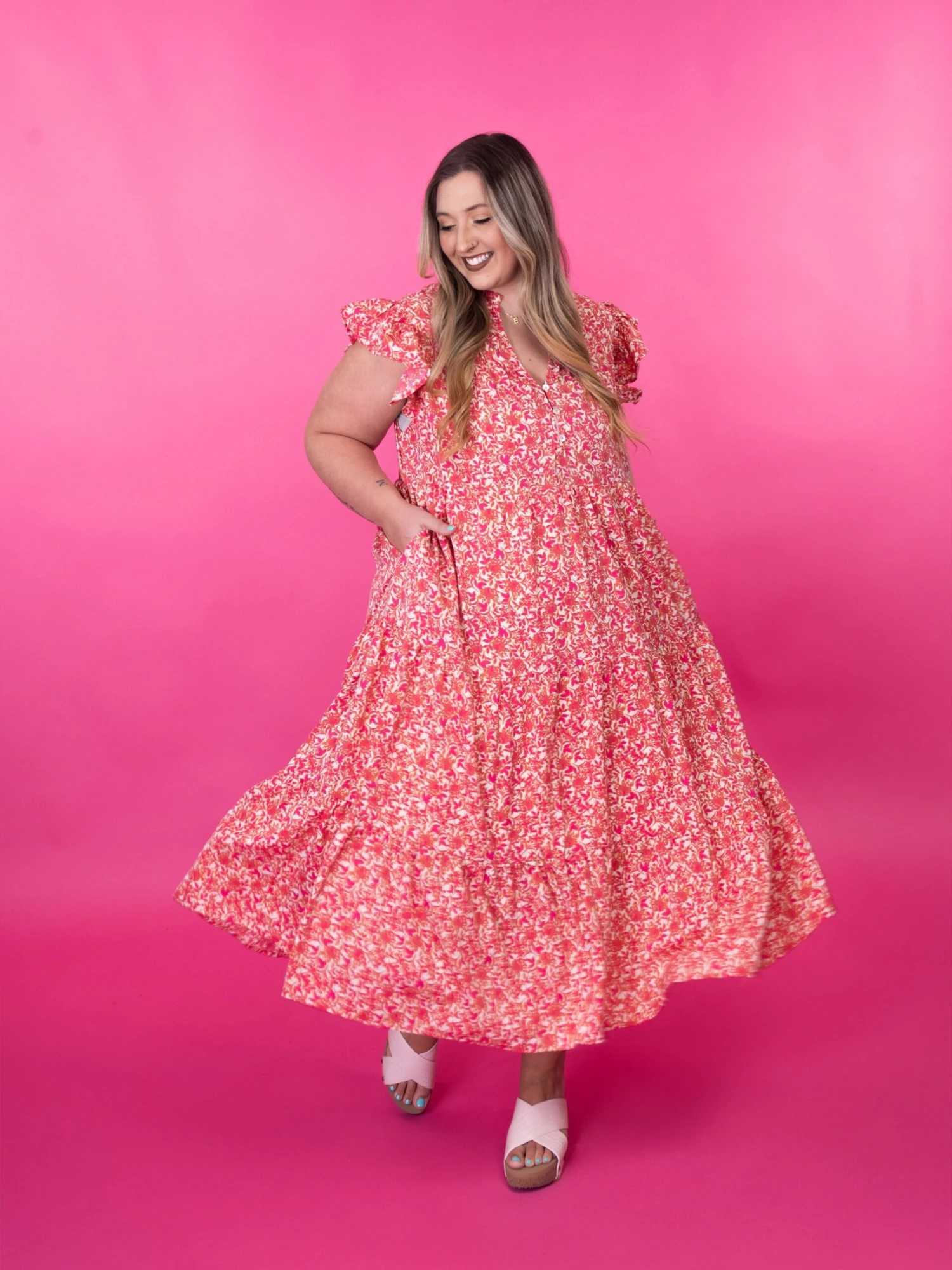 Flutter Sleeve Button Up V-Neck Floral Print Dress | S - 2X